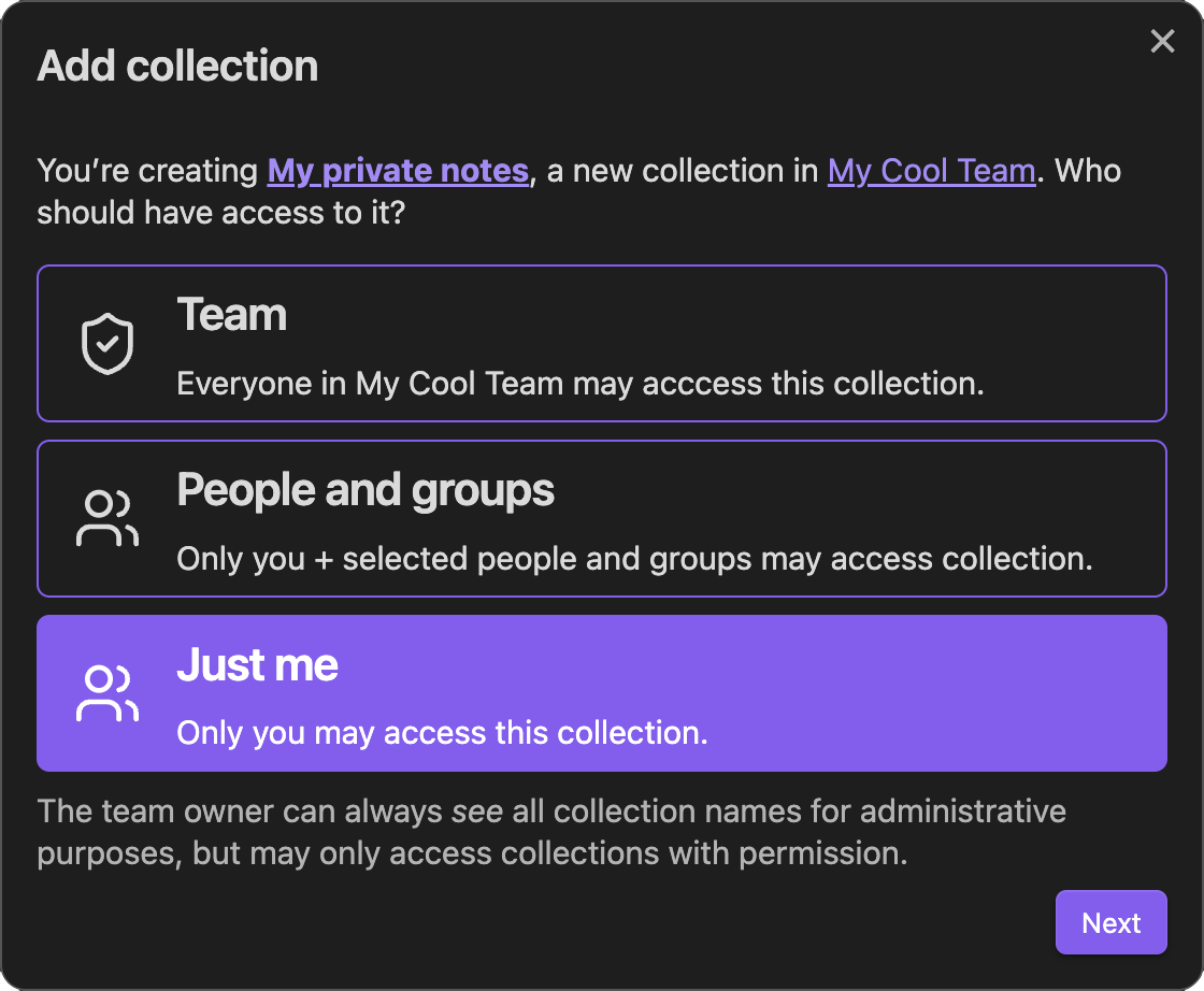 Choosing who can access a collection in Obsidian