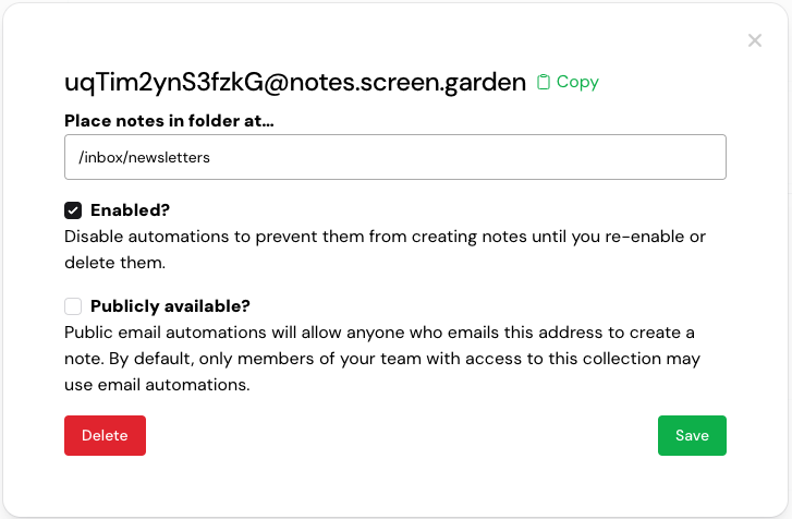 A newly-created email automation